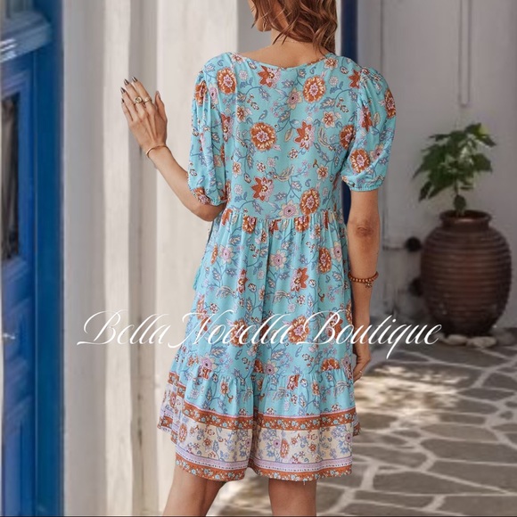 🔴 Boho Blue Floral Puff Sleeve Smock Dress - Picture 5 of 8